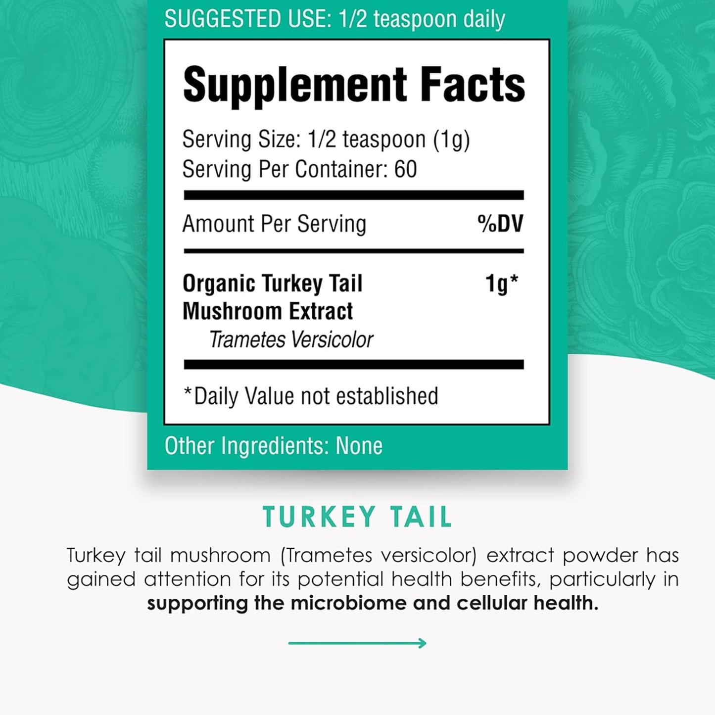 Organic Turkey Tail Mushroom Powder Supplement for Microbiome & Cellular Support - 60g