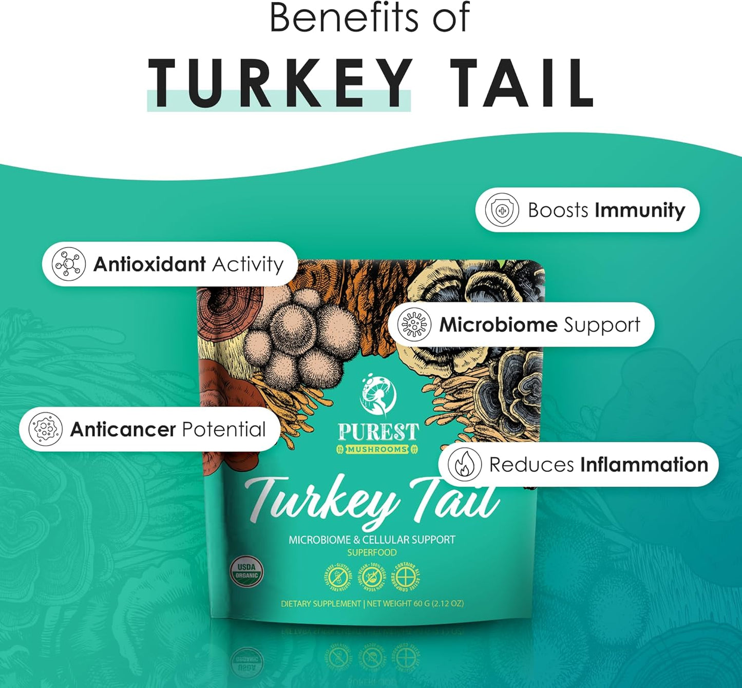Organic Turkey Tail Mushroom Powder Supplement for Microbiome & Cellular Support - 60g