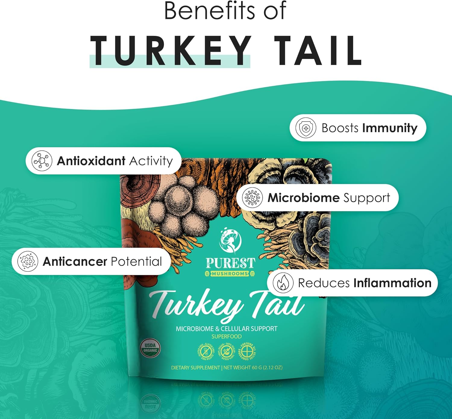 Organic Turkey Tail Mushroom Powder Supplement for Microbiome & Cellular Support - 60g