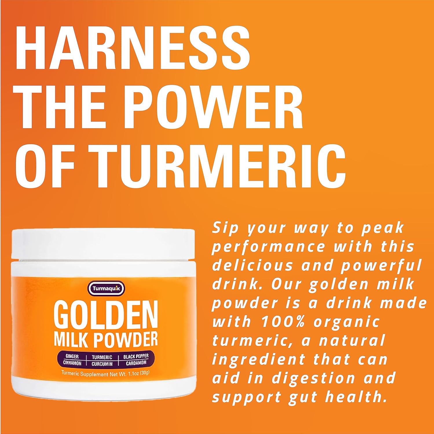 Organic Turmaquik Golden Milk Turmeric Powder Mix with Superfoods - Ginger, Black Pepper, Curcumin, Cinnamon, Cardamom - Non-GMO, Vegan, Keto - Ayurvedic Blend