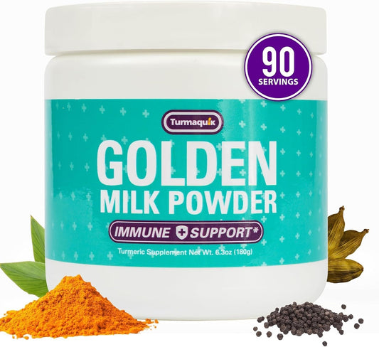 Organic Turmaquik Golden Milk Turmeric Powder with Immune-Boosting Superfood Blend - Ginger, Black Pepper, Cinnamon, Cardamom, Vitamins C, D, B6, B12, Zinc