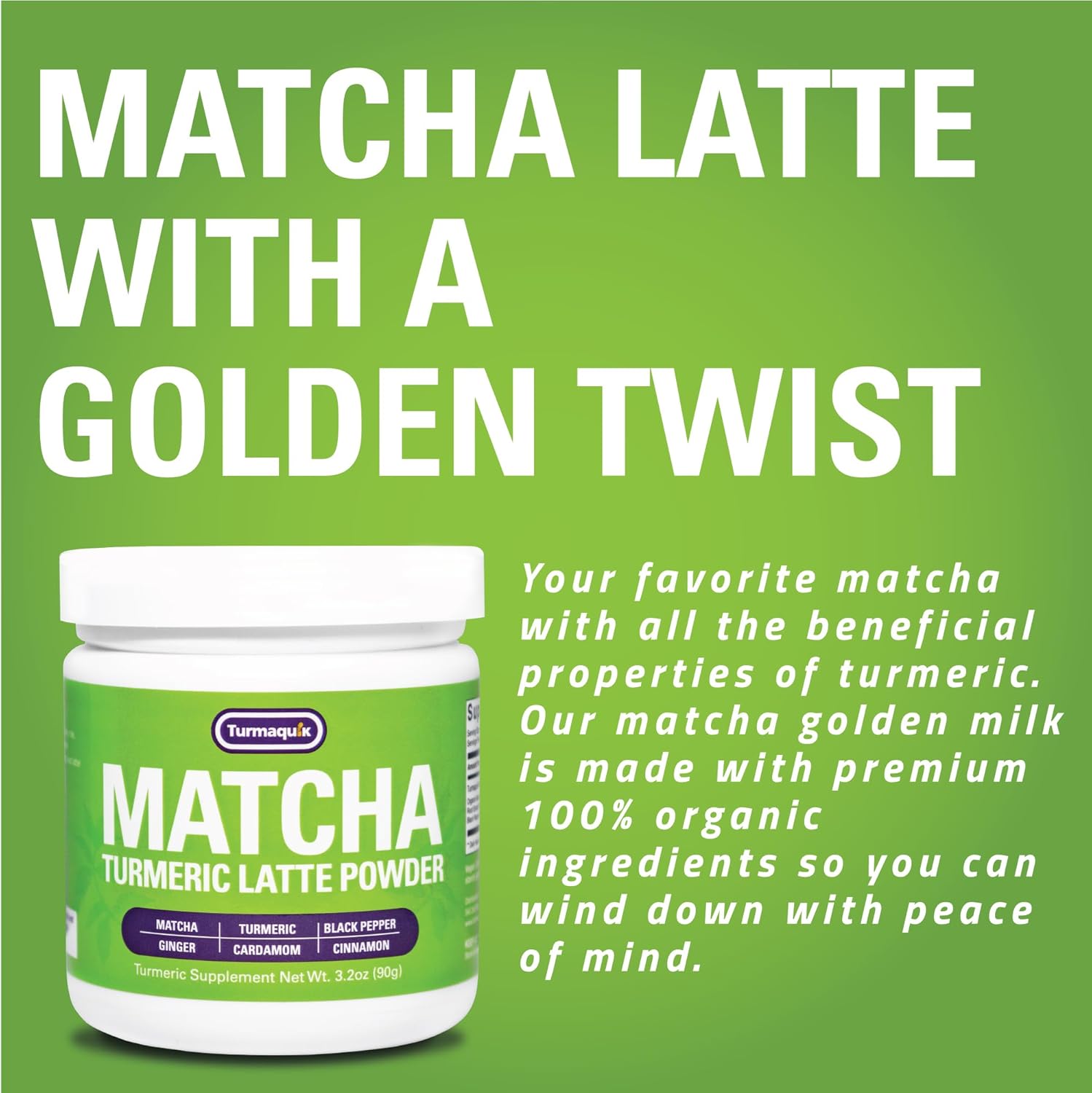 Organic Turmaquik Turmeric Matcha Latte Powder - Superfood Blend with Ginger, Cardamom, Black Pepper, and Cinnamon - 3.2 oz