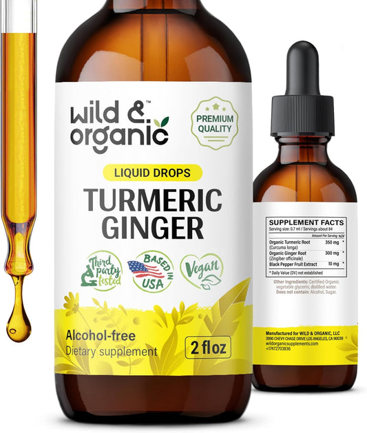 Organic Turmeric and Ginger Liquid Drops with Black Pepper Extract - Joint & Immune Support - Curcumin Supplement - Vegan & Alcohol-Free - 2 oz