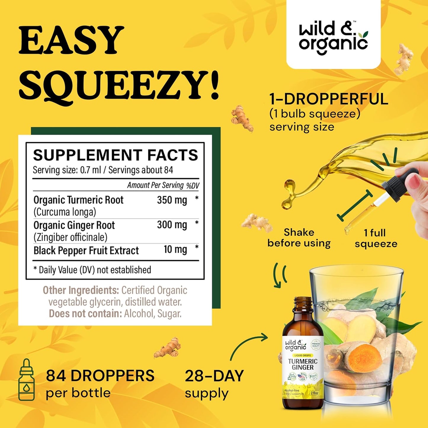 Organic Turmeric and Ginger Liquid Drops with Black Pepper Extract - Joint & Immune Support - Curcumin Supplement - Vegan & Alcohol-Free - 2 oz