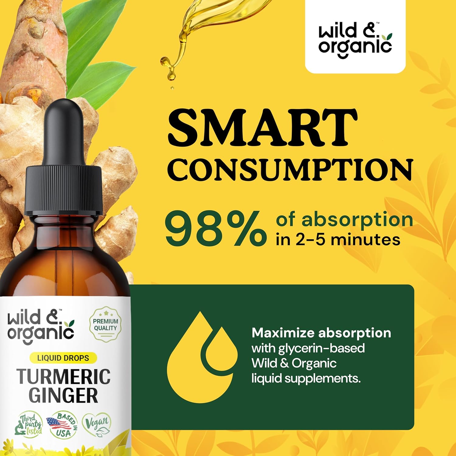 Organic Turmeric and Ginger Liquid Drops with Black Pepper Extract - Joint & Immune Support - Curcumin Supplement - Vegan & Alcohol-Free - 2 oz