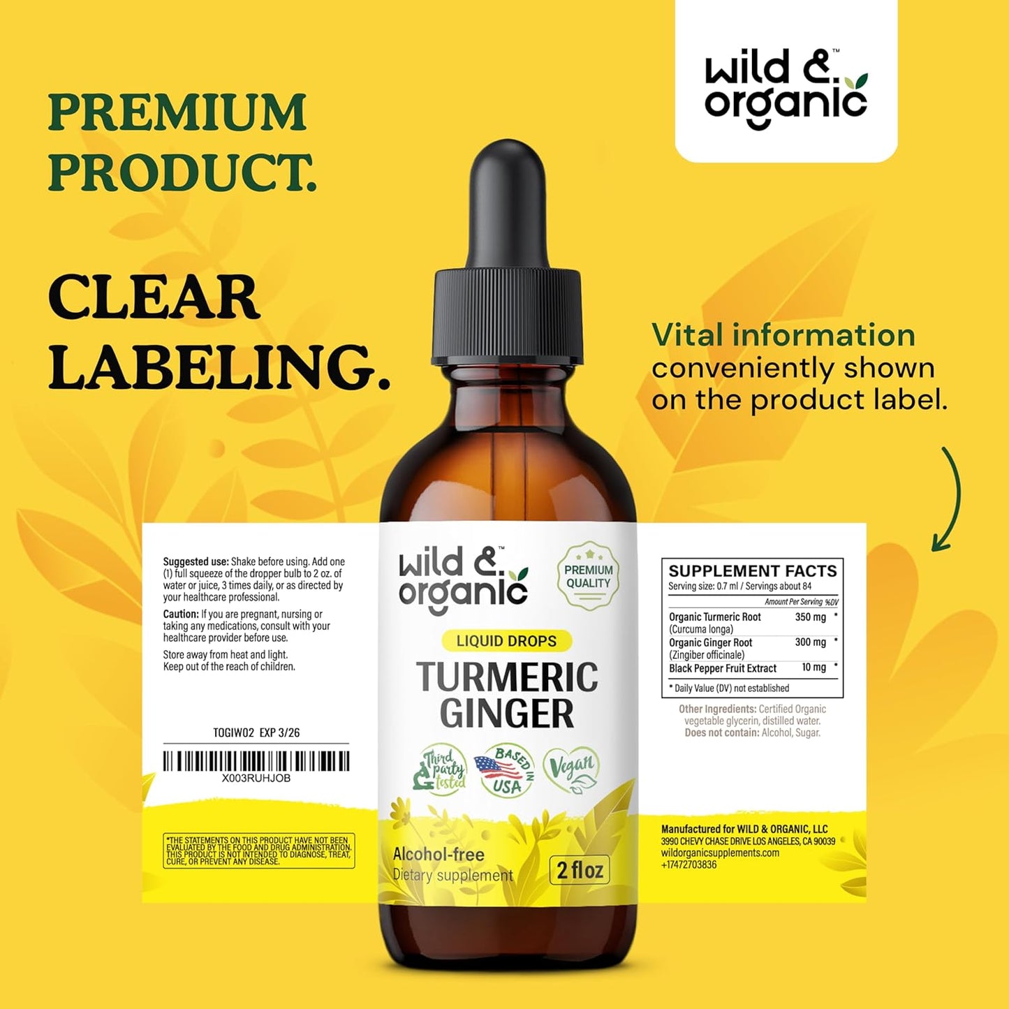 Organic Turmeric and Ginger Liquid Drops with Black Pepper Extract - Joint & Immune Support - Curcumin Supplement - Vegan & Alcohol-Free - 2 oz