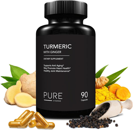 Organic Turmeric and Ginger Supplements - 90 Vegetarian Capsules | Digestive Health & Joint Support | Pure Vitamins Curcumin Supplement with Black Pepper Extract | Non-GMO