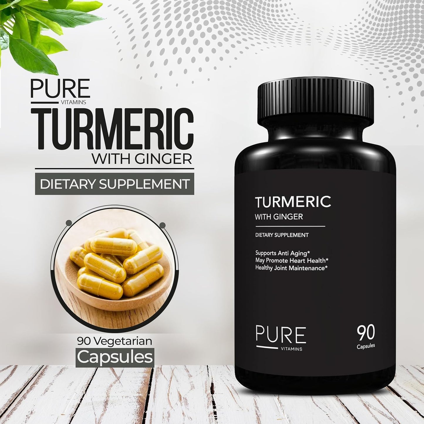 Organic Turmeric and Ginger Supplements - 90 Vegetarian Capsules | Digestive Health & Joint Support | Pure Vitamins Curcumin Supplement with Black Pepper Extract | Non-GMO