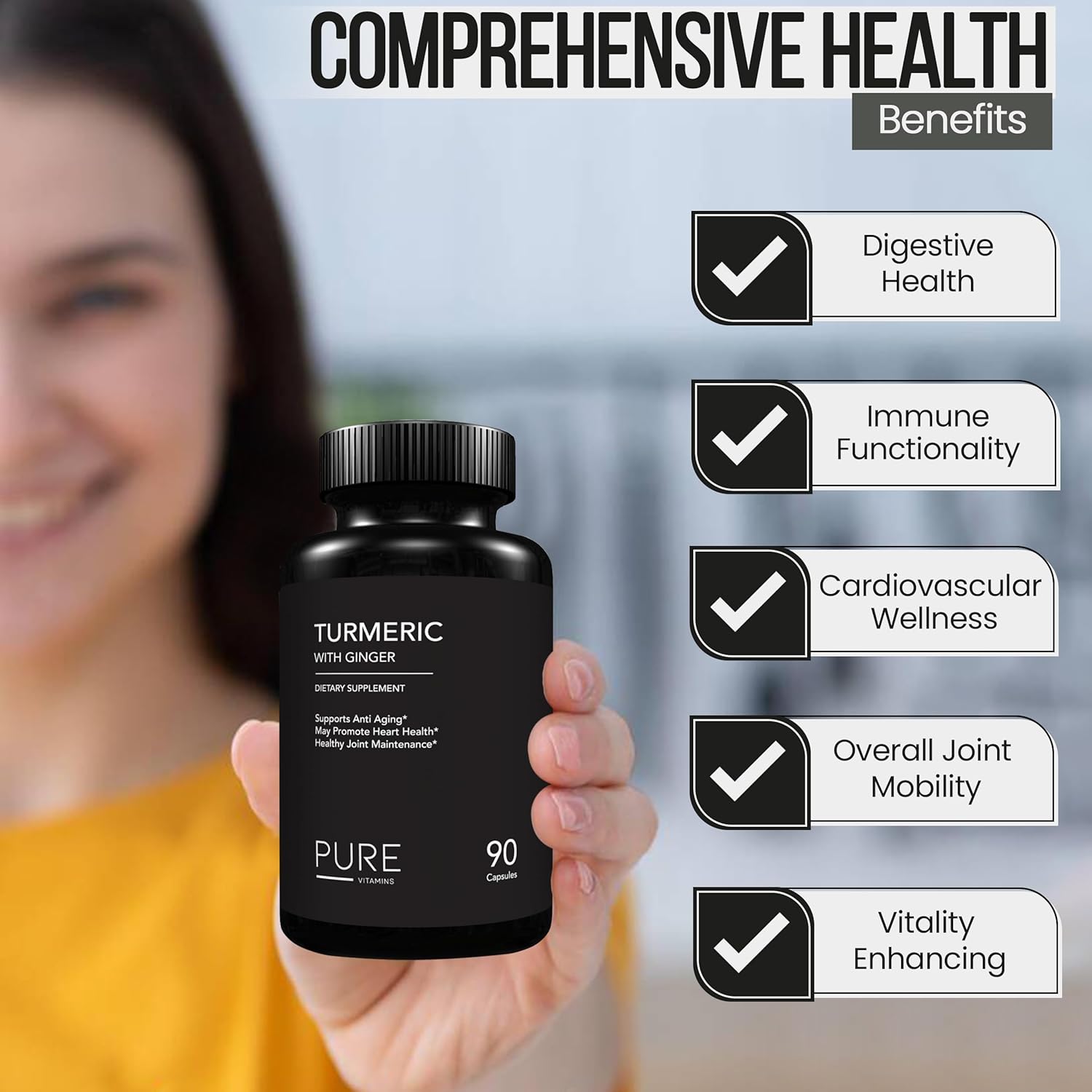 Organic Turmeric and Ginger Supplements - 90 Vegetarian Capsules | Digestive Health & Joint Support | Pure Vitamins Curcumin Supplement with Black Pepper Extract | Non-GMO