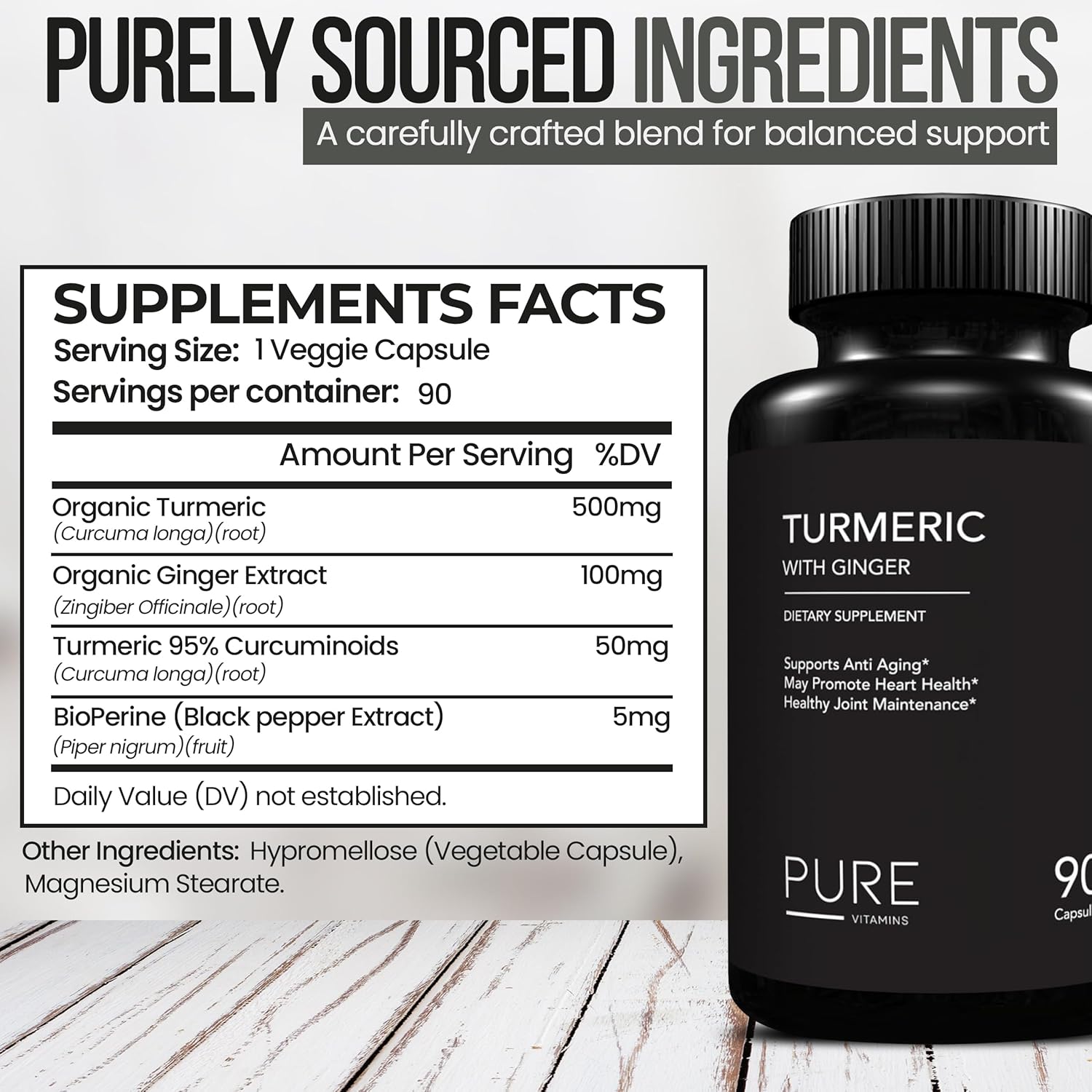Organic Turmeric and Ginger Supplements - 90 Vegetarian Capsules | Digestive Health & Joint Support | Pure Vitamins Curcumin Supplement with Black Pepper Extract | Non-GMO
