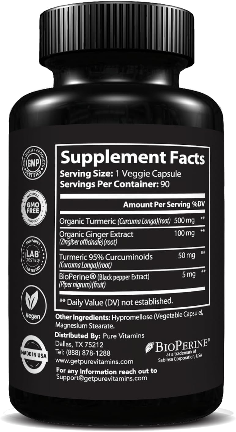 Organic Turmeric and Ginger Supplements - 90 Vegetarian Capsules | Digestive Health & Joint Support | Pure Vitamins Curcumin Supplement with Black Pepper Extract | Non-GMO