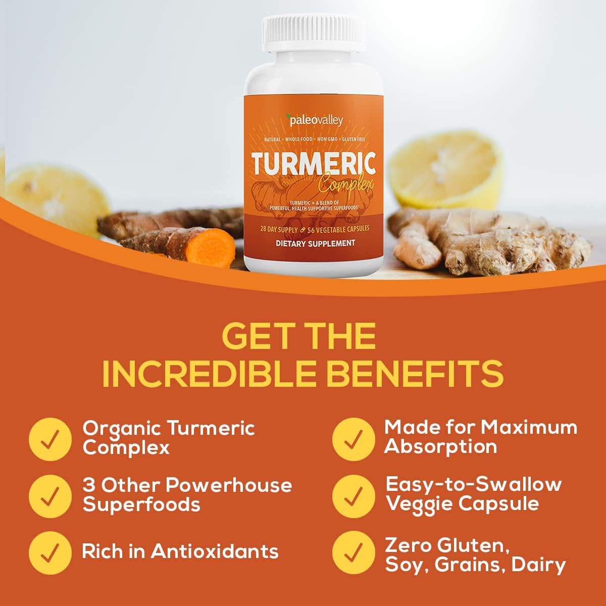 Organic Turmeric Complex with Superfoods - 56 Vegetarian Capsules for Joints, Immunity, Brain & Heart