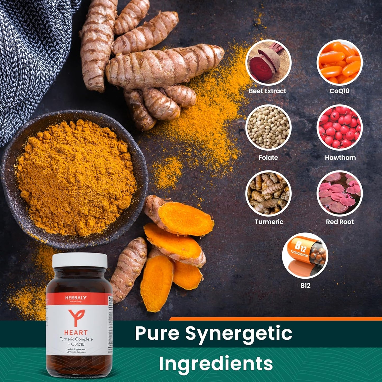 Organic Turmeric CoQ10 Capsules for Heart & Cardio Support - Beet Extract, Folate, B12, Red Root, Hawthorn - Herbal Supplement with Pure Ingredients - 60 ct