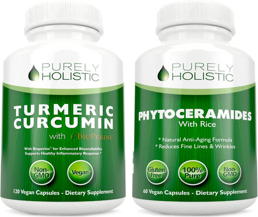Organic Turmeric Curcumin 700mg & Bioperine + Phytoceramides Skin Therapy Bundle - Vegan - 120 + 60 Capsules - USA Made