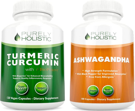 Organic Turmeric Curcumin & Ashwagandha Bundle - 700mg & 1300mg Capsules - Vegan with Bioperine & Black Pepper - Made in USA