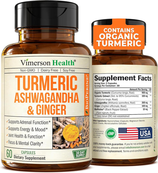 Organic Turmeric Curcumin Ashwagandha Capsules with Black Pepper - Joint Support & Energy Boost - 60ct