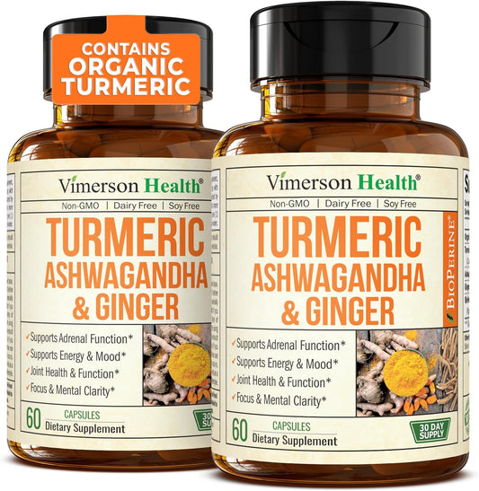 Organic Turmeric Curcumin Ashwagandha Supplements with Black Pepper - Joint Support & Mood Enhancement - Vegan Formula - 2 Pack