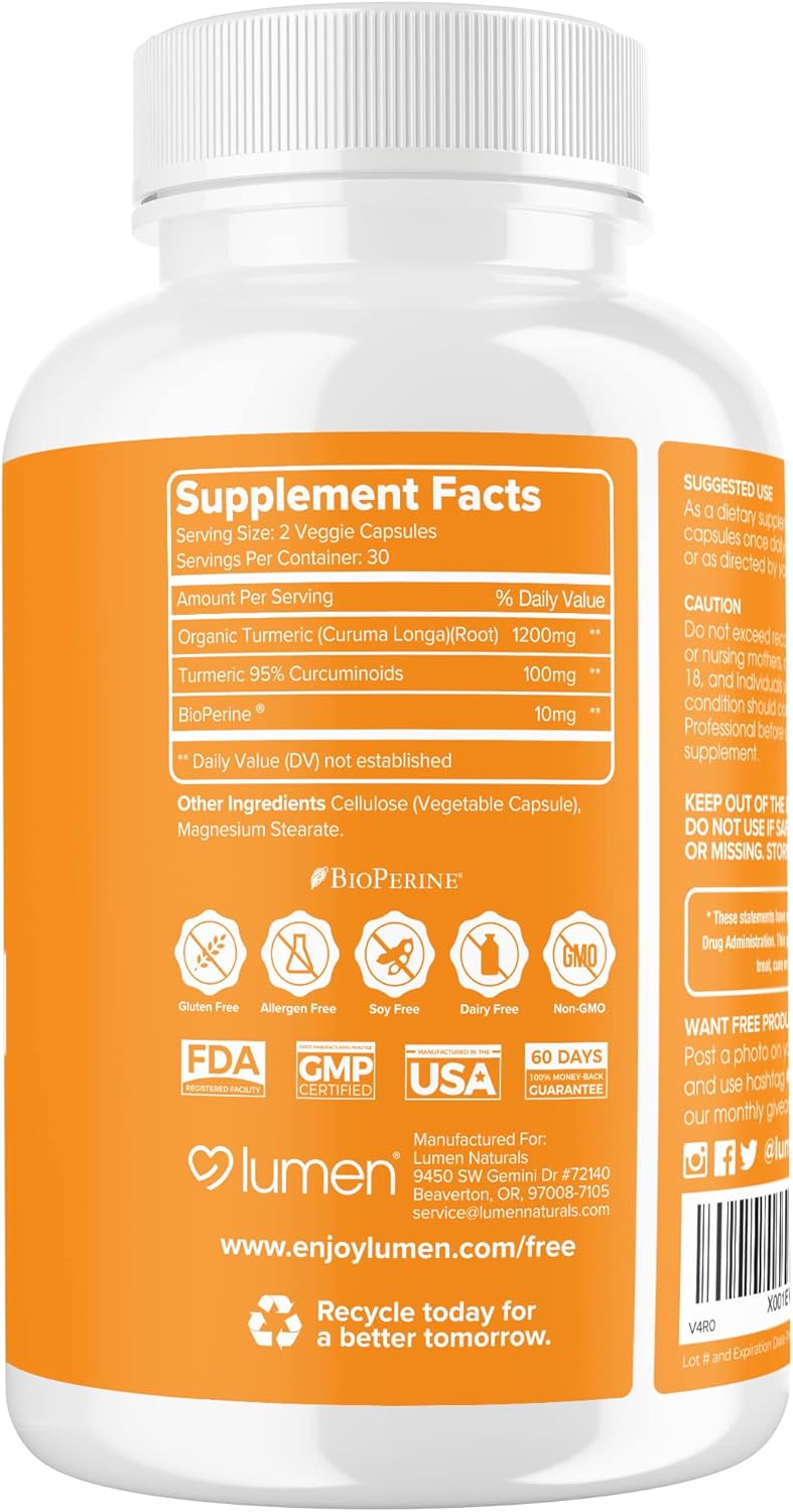 Organic Turmeric Curcumin Capsules with BioPerine for Maximum Absorption - 95% Curcuminoids & Black Pepper Extract - Gluten Free - 120 Count