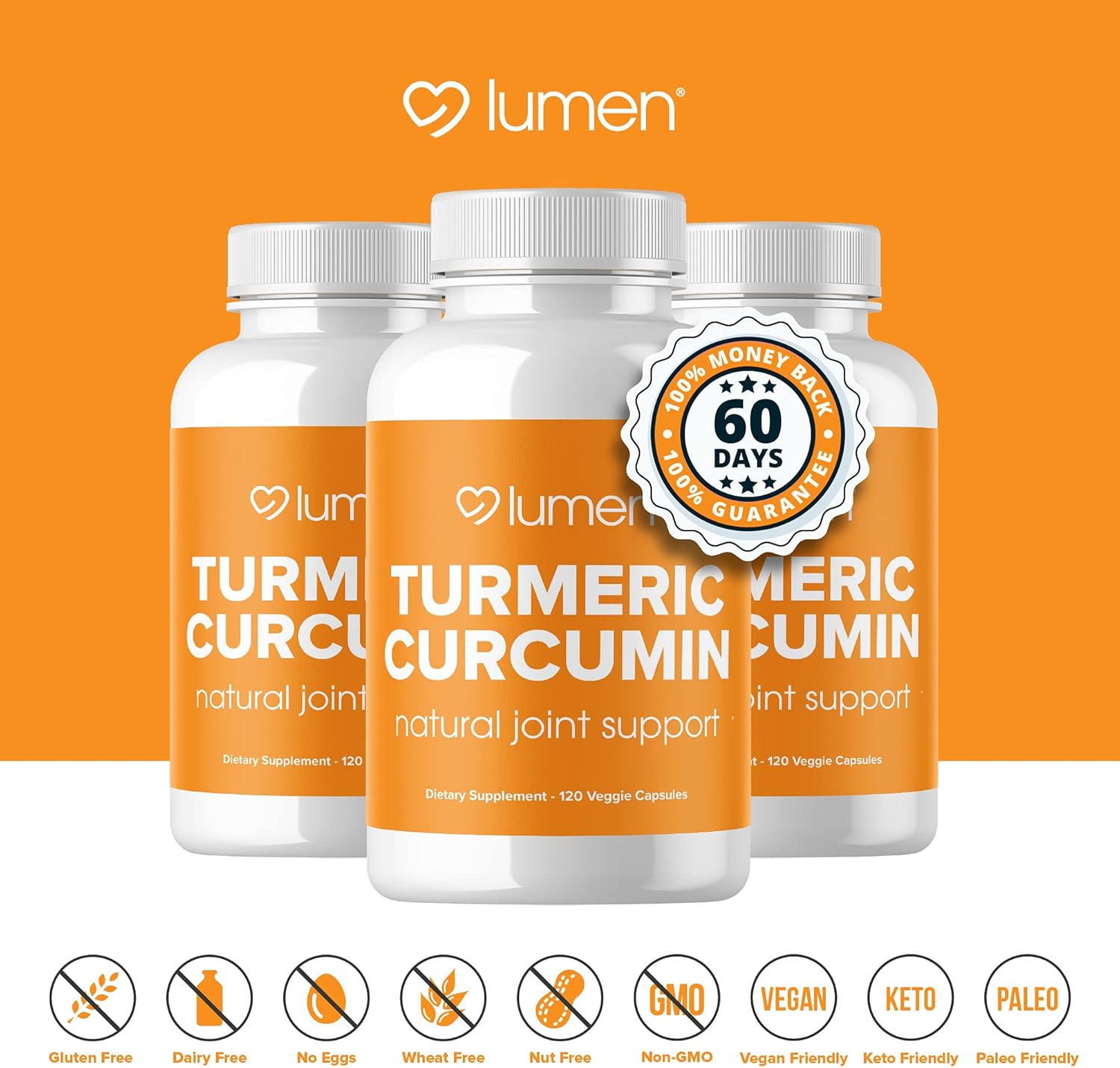 Organic Turmeric Curcumin Capsules with BioPerine for Maximum Absorption - 95% Curcuminoids & Black Pepper Extract - Gluten Free - 120 Count