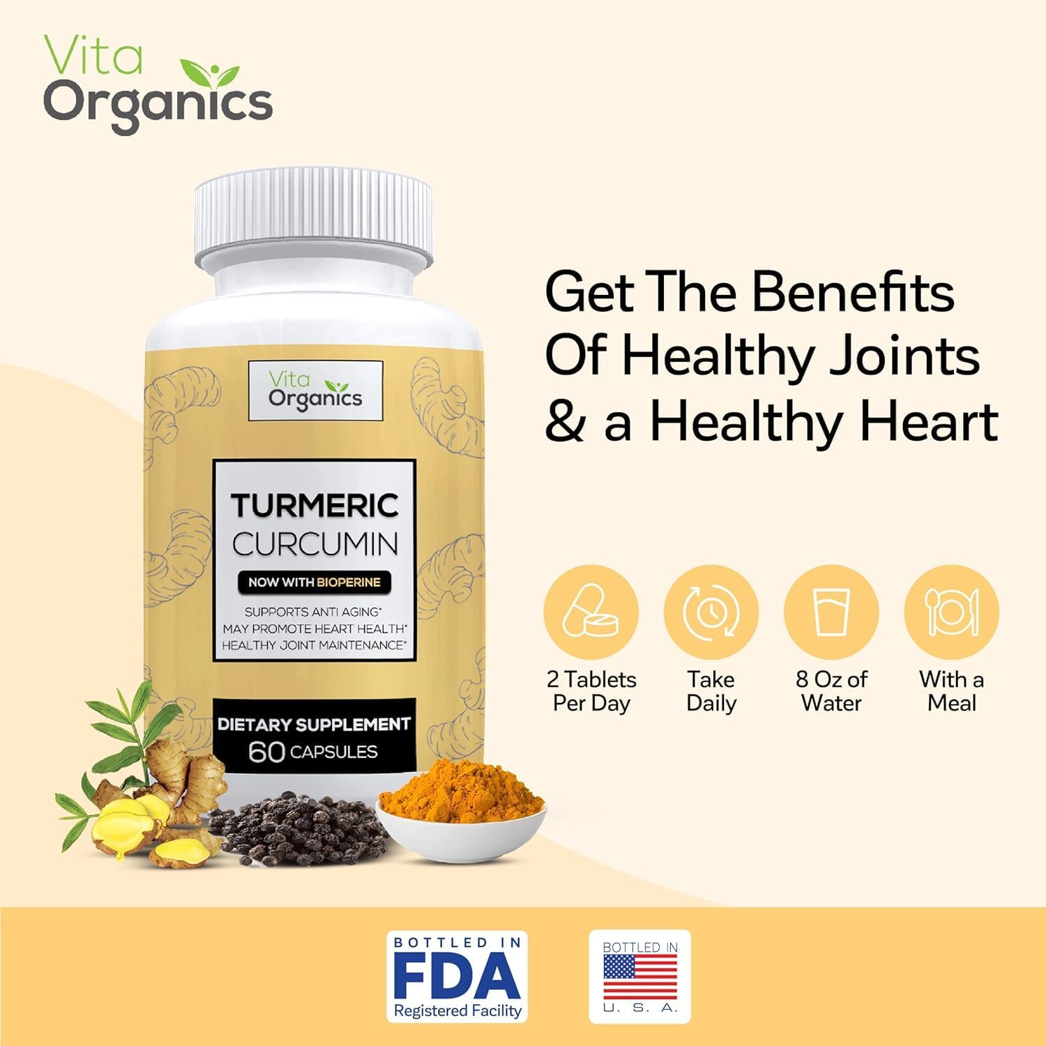 Organic Turmeric Curcumin Capsules with Black Pepper Extract for Joint Health Support - 60 Veggie Capsules, USA Made