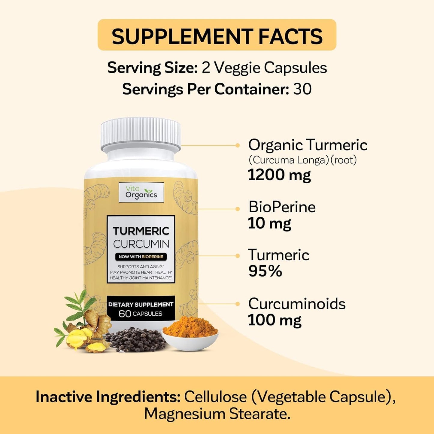 Organic Turmeric Curcumin Capsules with Black Pepper Extract for Joint Health Support - 60 Veggie Capsules, USA Made