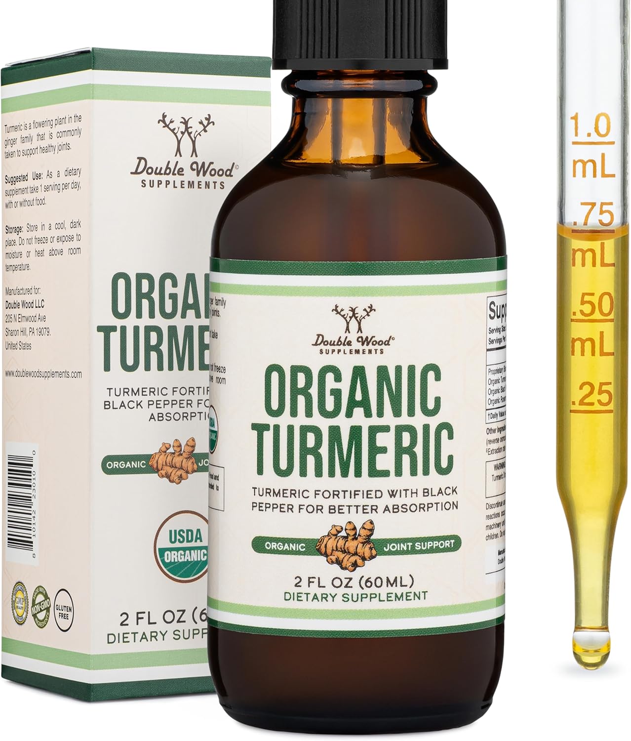 Organic Turmeric Curcumin Drops with Black Pepper for Joint Support - 2FL OZ, 60 Servings - Double Wood Supplements