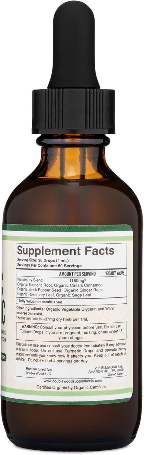 Organic Turmeric Curcumin Drops with Black Pepper for Joint Support - 2FL OZ, 60 Servings - Double Wood Supplements