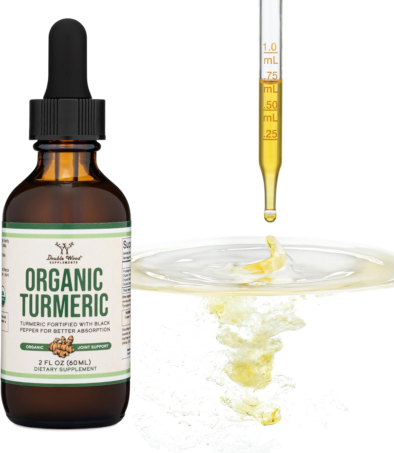 Organic Turmeric Curcumin Drops with Black Pepper for Joint Support - 2FL OZ, 60 Servings - Double Wood Supplements
