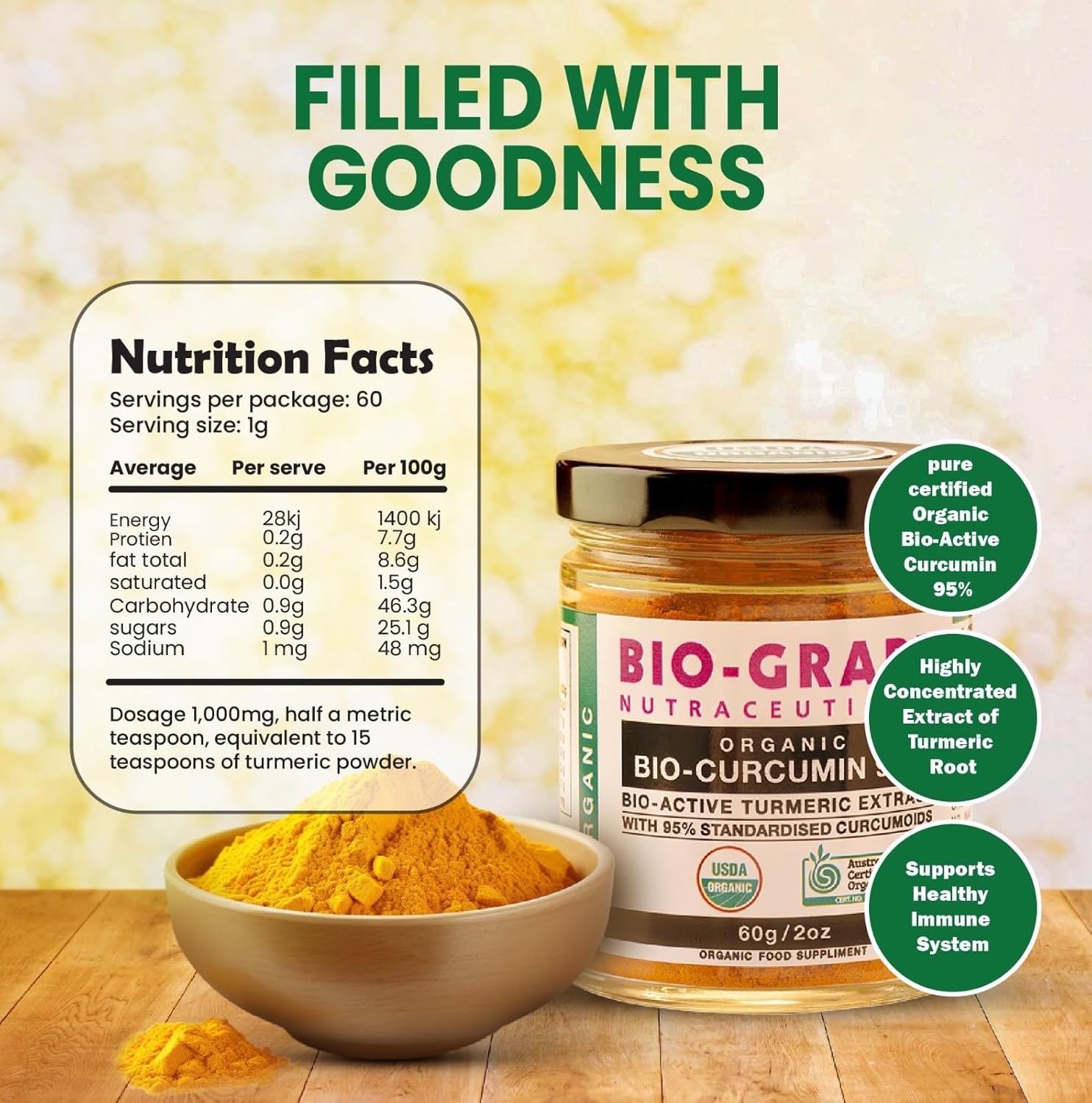 Organic Turmeric Curcumin Extract with 95% Bio Antioxidant for Joint Support and Immune Boost - 60g Dose - USDA Certified