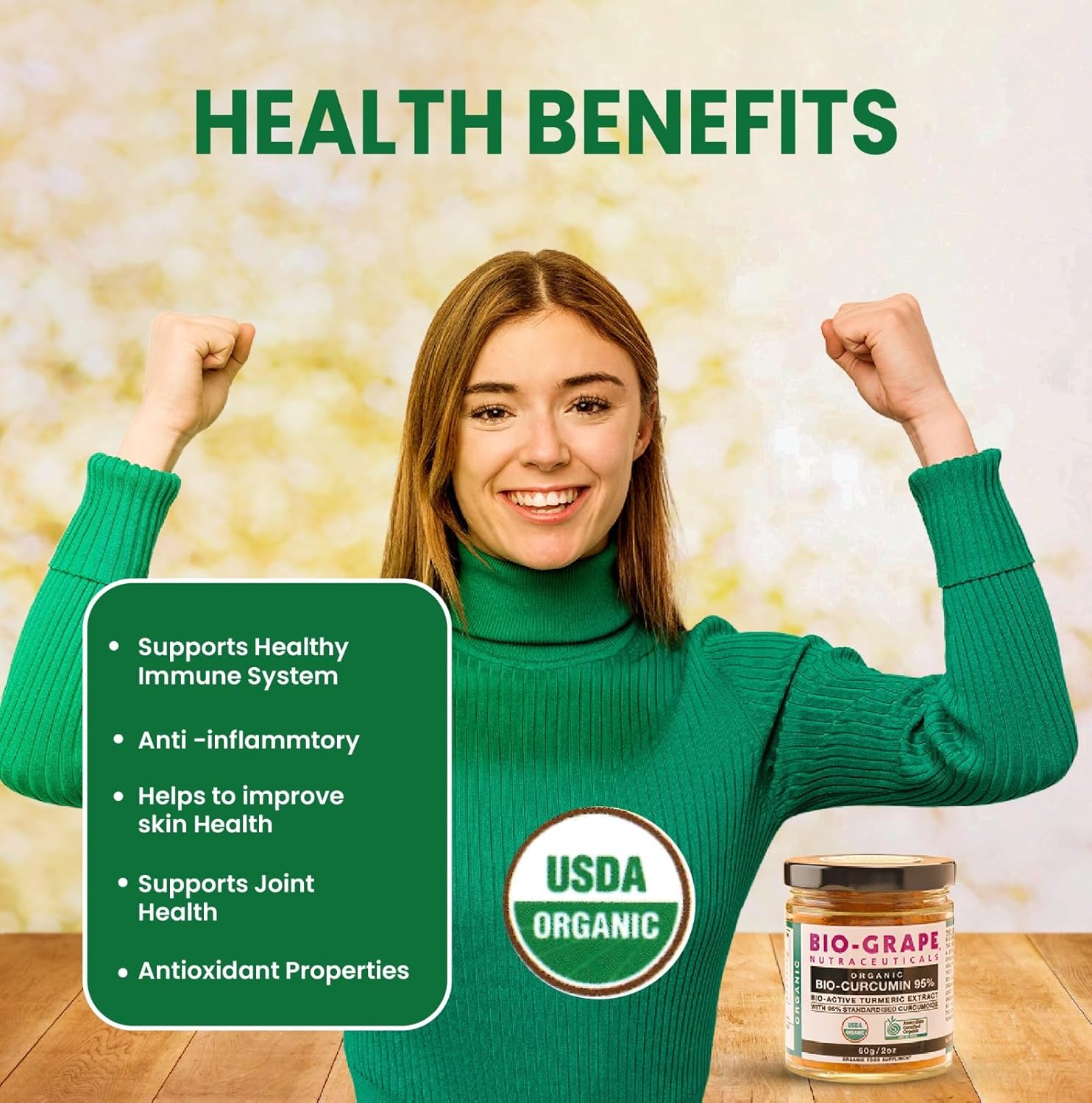 Organic Turmeric Curcumin Extract with 95% Bio Antioxidant for Joint Support and Immune Boost - 60g Dose - USDA Certified