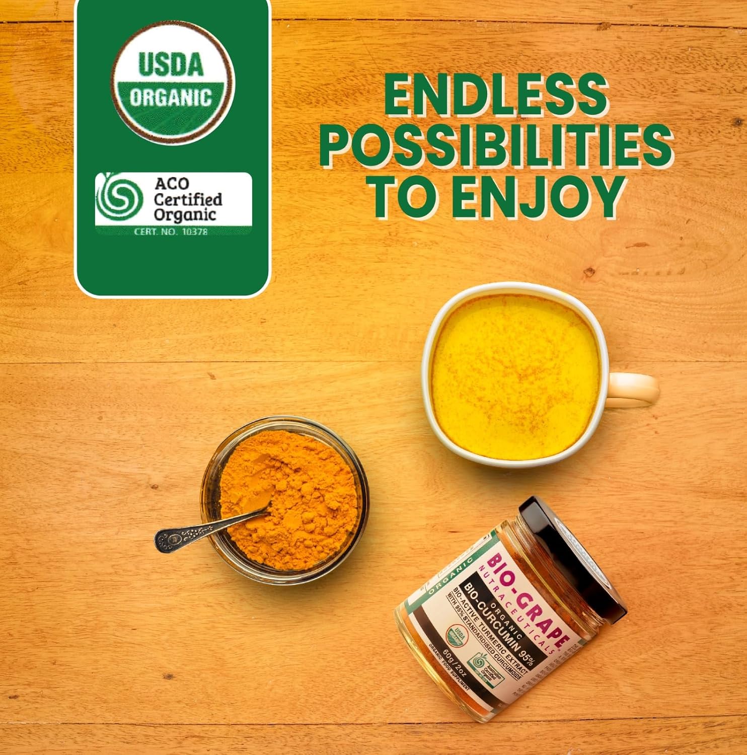 Organic Turmeric Curcumin Extract with 95% Bio Antioxidant for Joint Support and Immune Boost - 60g Dose - USDA Certified