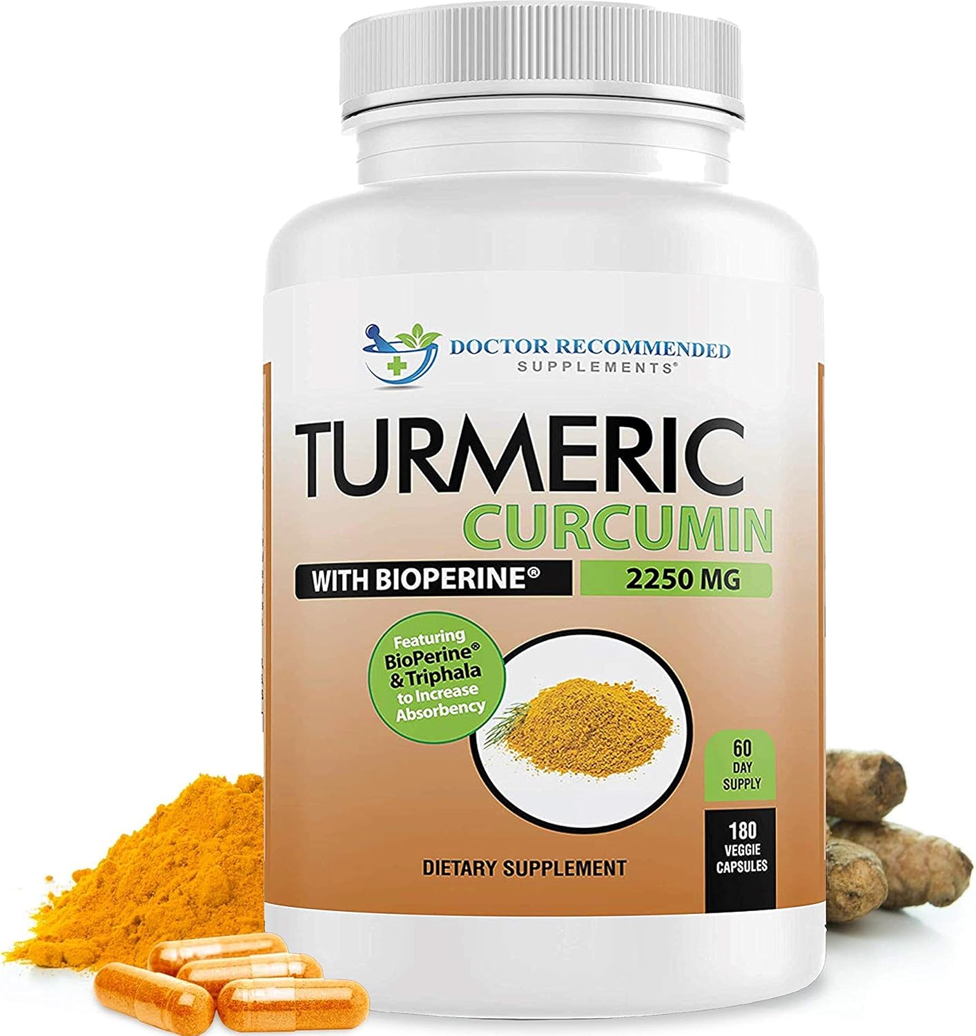 Organic Turmeric Curcumin Supplement - 2250mg/d - 95% Curcuminoids with Black Pepper Extract - 750mg Capsules - Doctor Recommended - Veggie Caps - Most Powerful (180 Count)