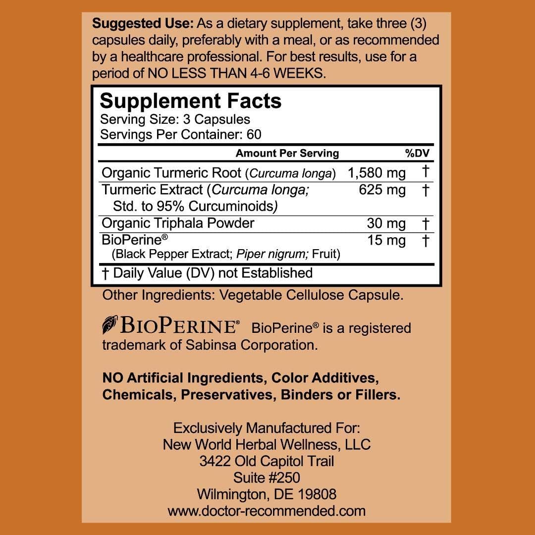 Organic Turmeric Curcumin Supplement - 2250mg/d - 95% Curcuminoids with Black Pepper Extract - 750mg Capsules - Doctor Recommended - Veggie Caps - Most Powerful (180 Count)