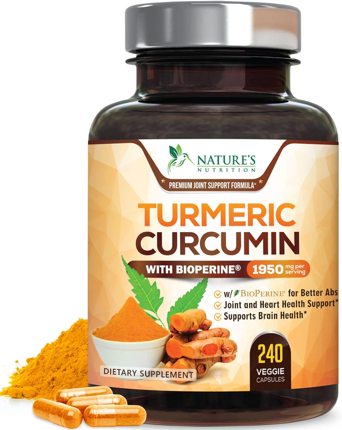 Organic Turmeric Curcumin Supplement with BioPerine for Joint Support - 1950mg, 95% Curcuminoids - Non-GMO Vegan Capsules - 240 Count