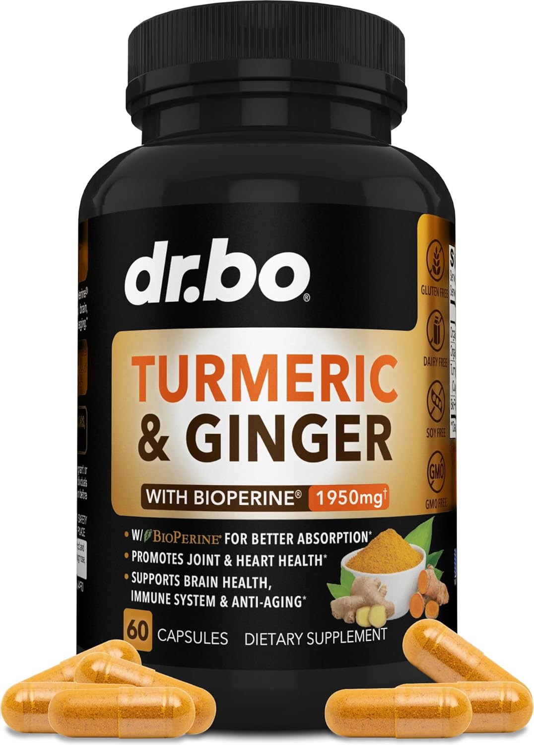 Organic Turmeric Curcumin Supplement with BioPerine & Ginger - 1950mg Capsules for Joint Support and Inflammation Relief
