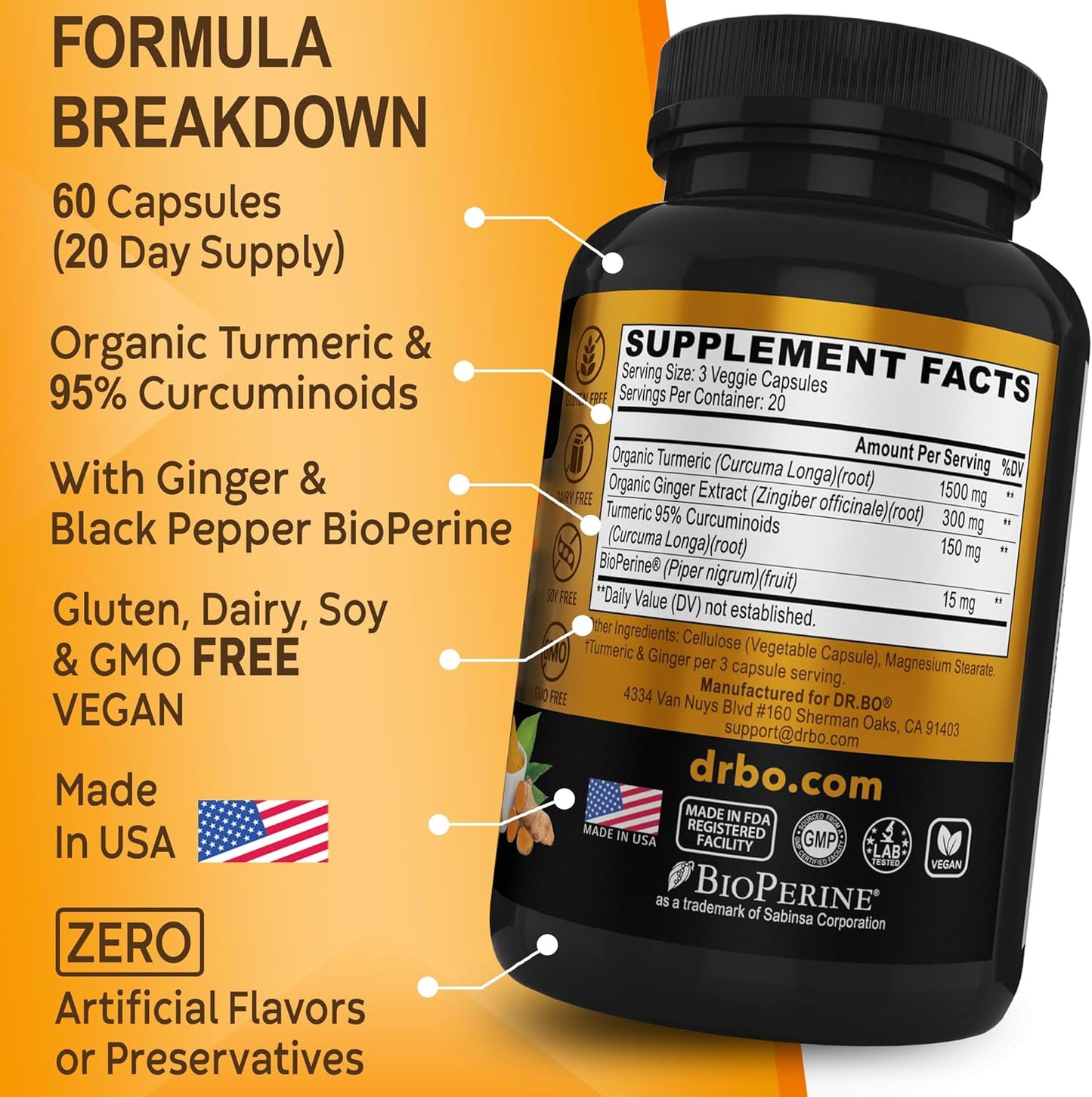Organic Turmeric Curcumin Supplement with BioPerine & Ginger - 1950mg Capsules for Joint Support and Inflammation Relief
