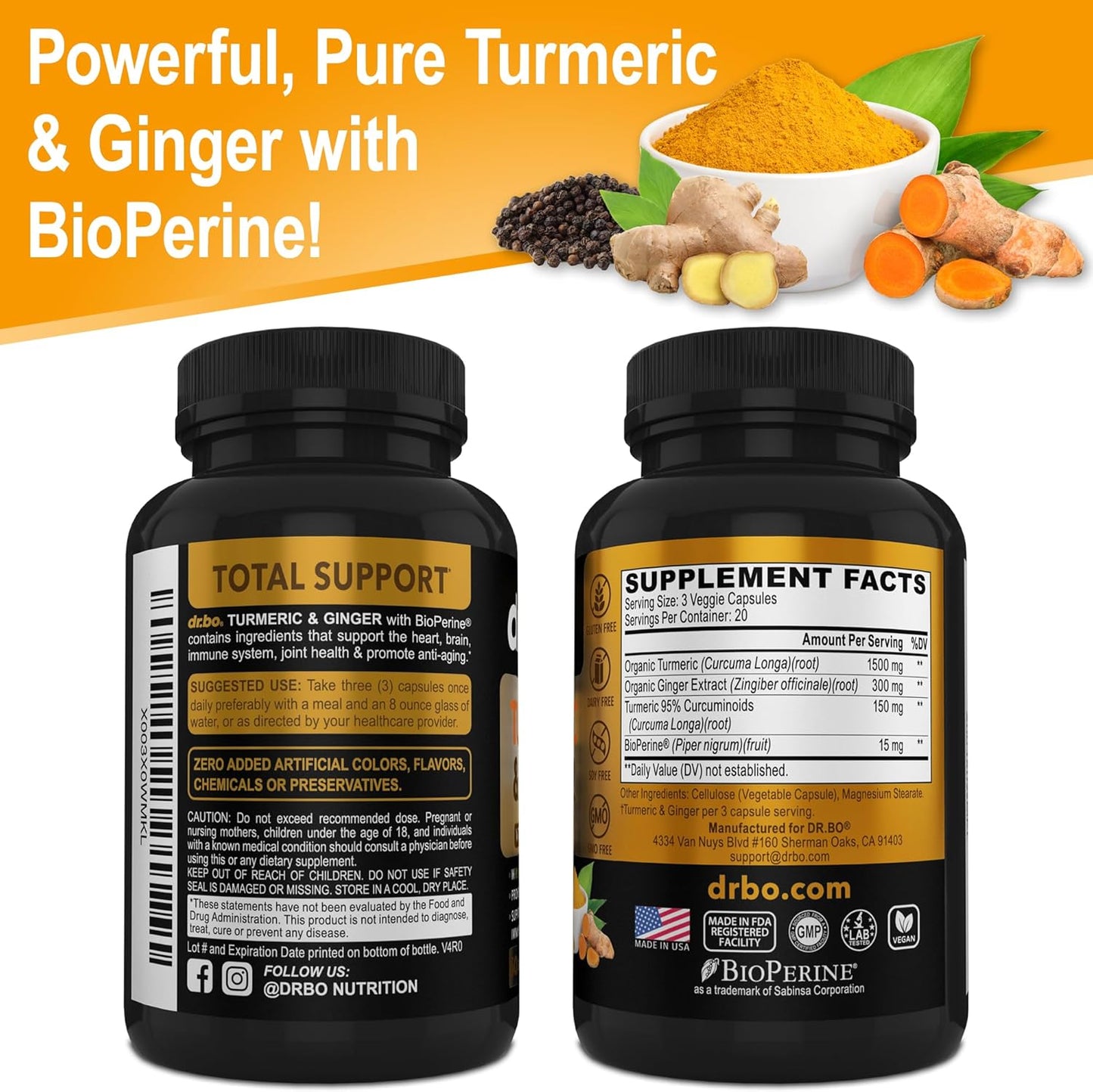 Organic Turmeric Curcumin Supplement with BioPerine & Ginger - 1950mg Capsules for Joint Support and Inflammation Relief