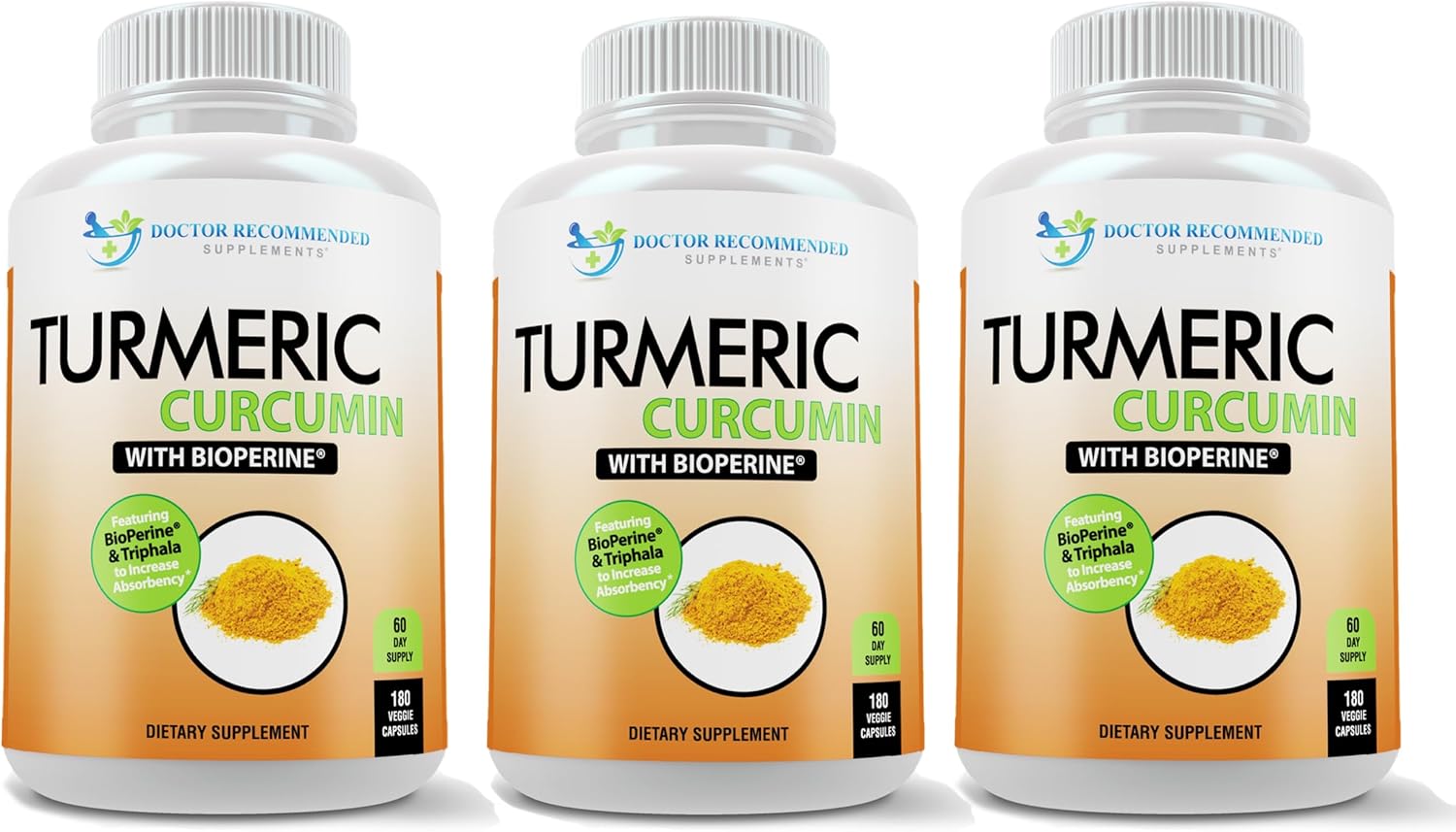 Organic Turmeric Curcumin Supplement with Black Pepper Extract - 750mg Capsules - Doctor Recommended - 2250mg/d - 95% Curcuminoids - Veggie Caps - Pack of 3