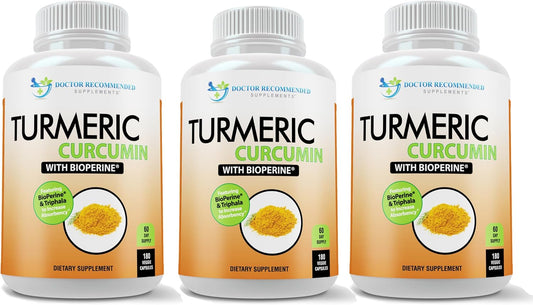 Organic Turmeric Curcumin Supplement with Black Pepper Extract - 750mg Capsules - Doctor Recommended - 2250mg/d - 95% Curcuminoids - Veggie Caps - Pack of 3