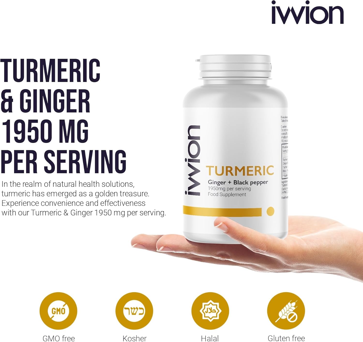 Organic Turmeric Curcumin Supplement with Black Pepper and Ginger - 1950mg, 95% Standardized Curcuminoids - Skin & Joint Support - Halal, Kosher, Non-GMO - 120 Capsules