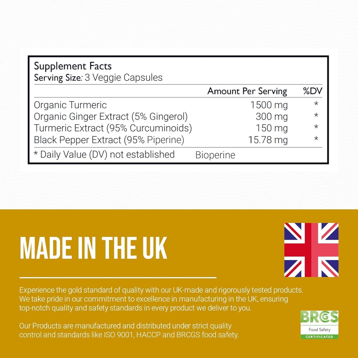 Organic Turmeric Curcumin Supplement with Black Pepper and Ginger - 1950mg, 95% Standardized Curcuminoids - Skin & Joint Support - Halal, Kosher, Non-GMO - 120 Capsules