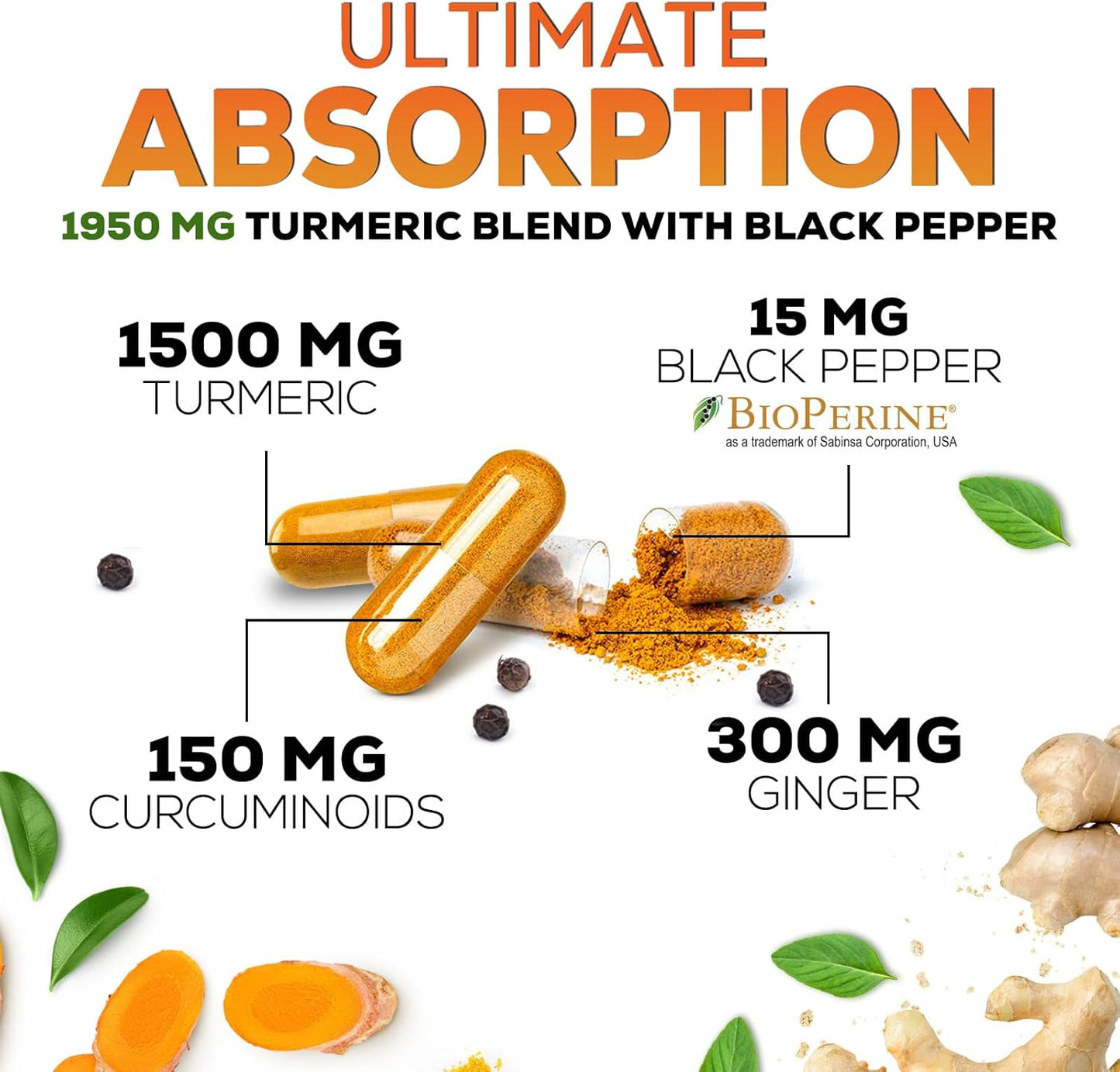 Organic Turmeric Curcumin Supplement with Ginger & BioPerine - 1950mg, 95% Curcuminoids, Vegan Joint Support - 60 Capsules, Non-GMO