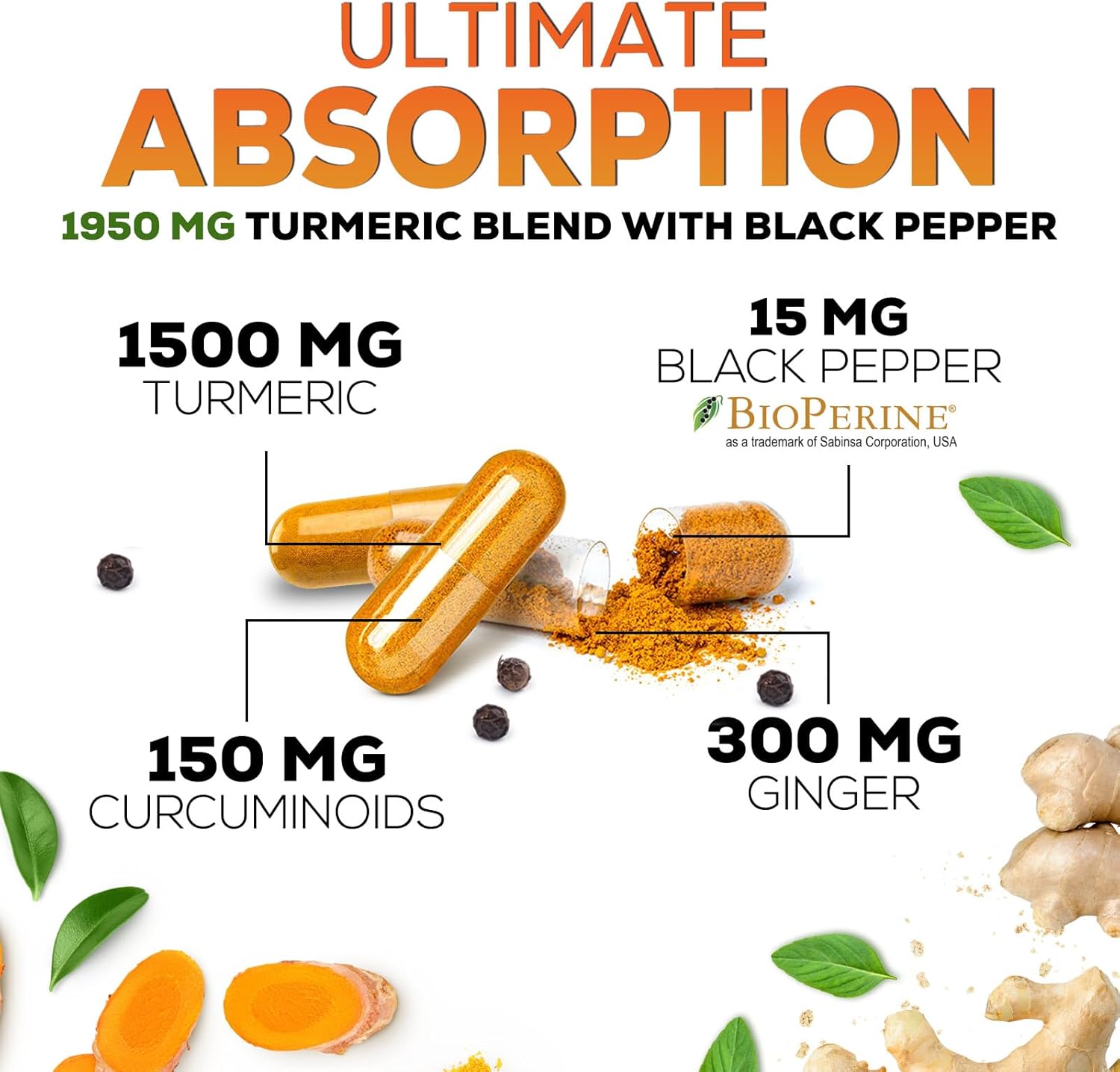 Organic Turmeric Curcumin Supplement with Ginger & BioPerine - 1950mg, 95% Curcuminoids, Vegan Joint Support - 60 Capsules, Non-GMO