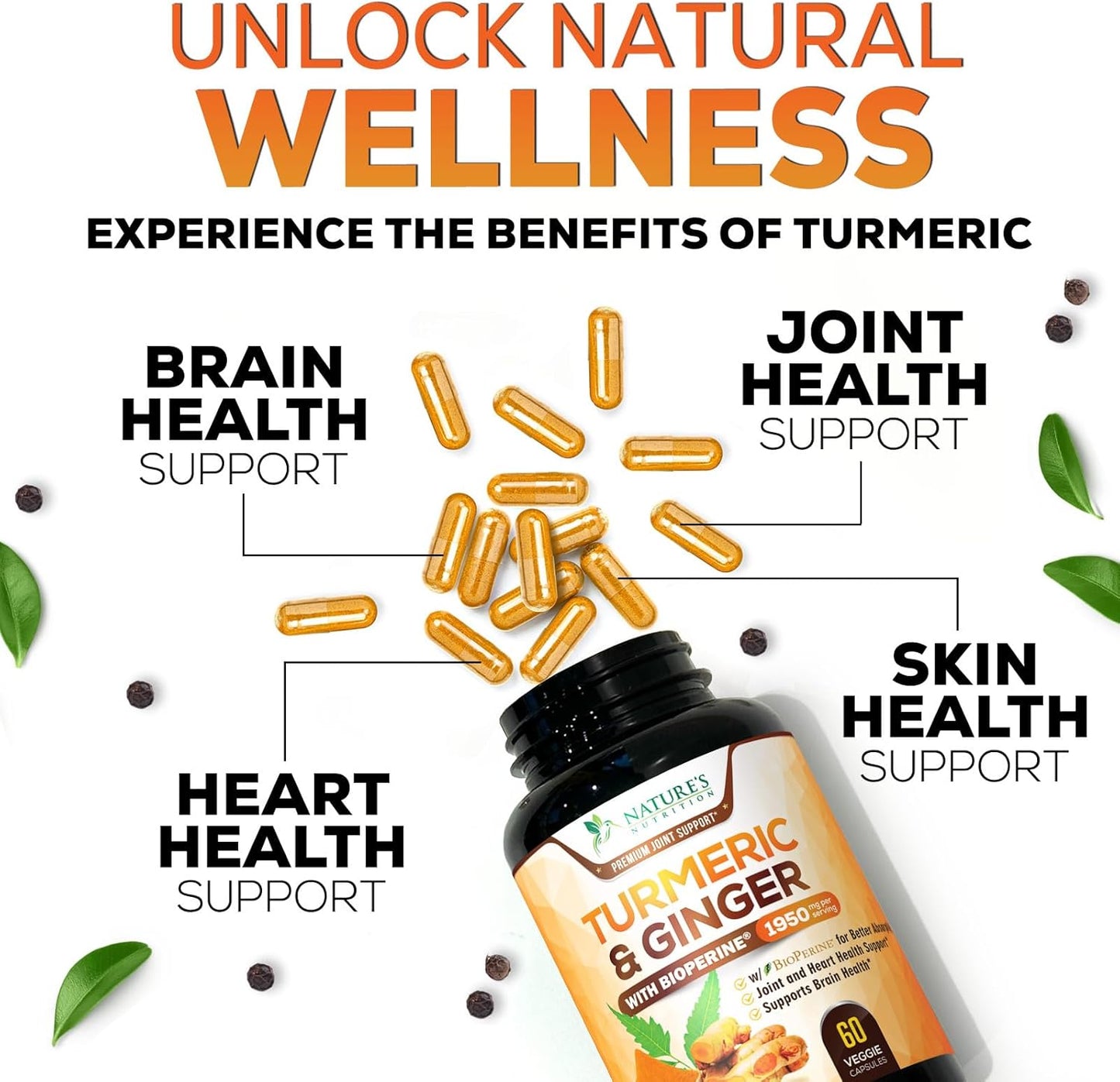 Organic Turmeric Curcumin Supplement with Ginger & BioPerine - 1950mg, 95% Curcuminoids, Vegan Joint Support - 60 Capsules, Non-GMO
