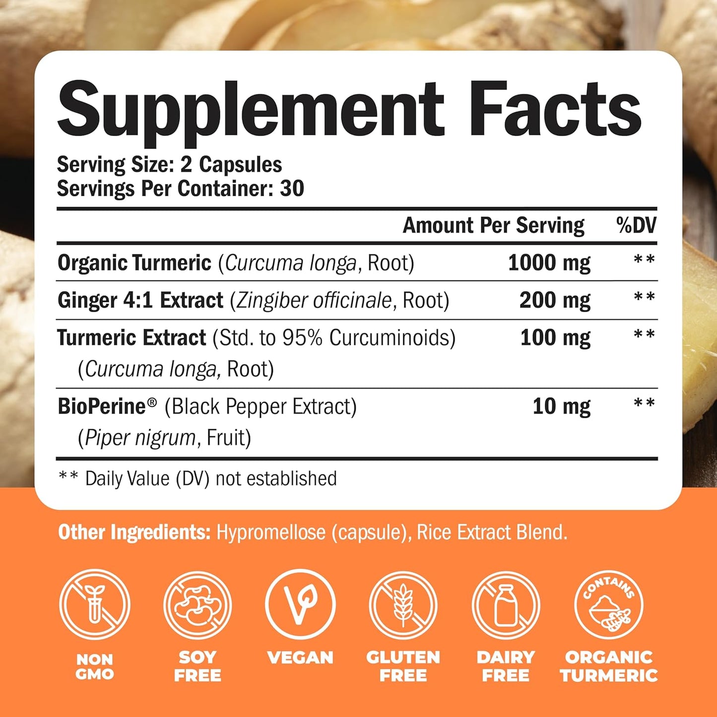Organic Turmeric Curcumin Supplement with Ginger Root for Joint & Digestive Health - 95% Curcuminoids, Enhanced with Black Pepper for Maximum Absorption - 60 Capsules