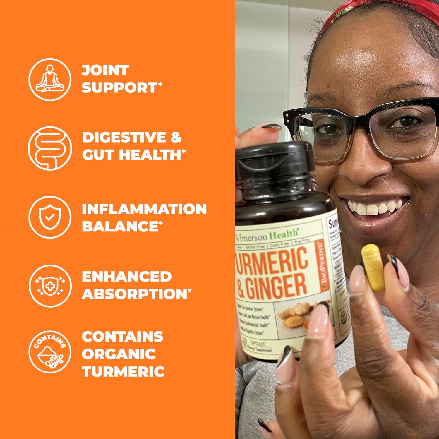 Organic Turmeric Curcumin Supplement with Ginger Root for Joint & Digestive Health - 95% Curcuminoids, Enhanced with Black Pepper for Maximum Absorption - 60 Capsules