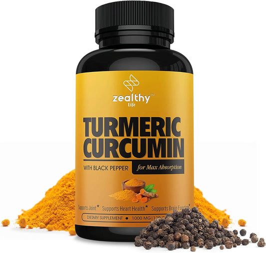 Organic Turmeric Curcumin with Black Pepper for Joint Support & Inflammation - Non-GMO Supplement by Zealthy Life, 120 Capsules, 60-Day Supply