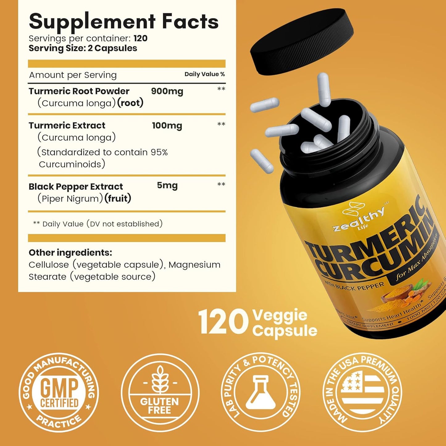 Organic Turmeric Curcumin with Black Pepper for Joint Support & Inflammation - Non-GMO Supplement by Zealthy Life, 120 Capsules, 60-Day Supply