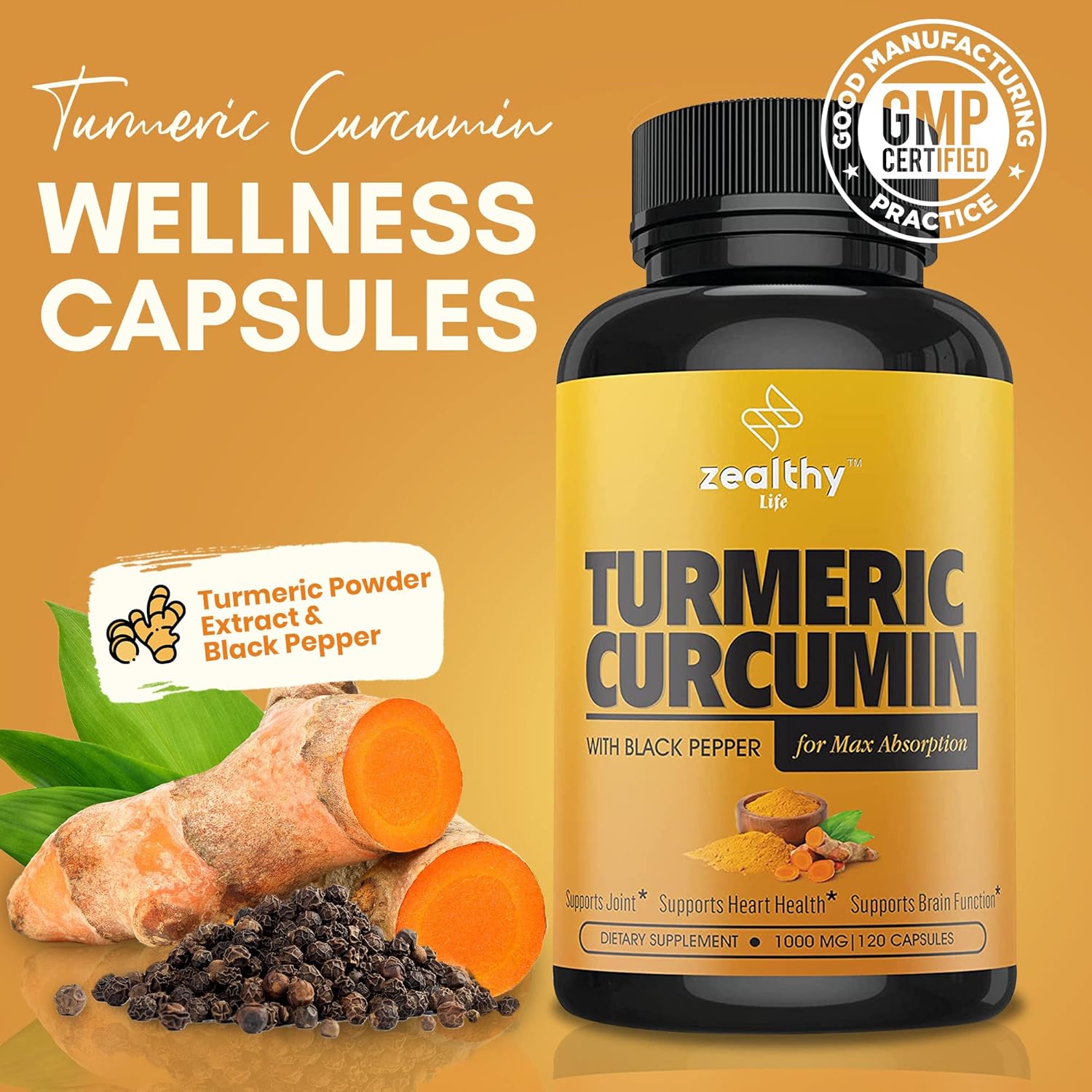 Organic Turmeric Curcumin with Black Pepper for Joint Support & Inflammation - Non-GMO Supplement by Zealthy Life, 120 Capsules, 60-Day Supply