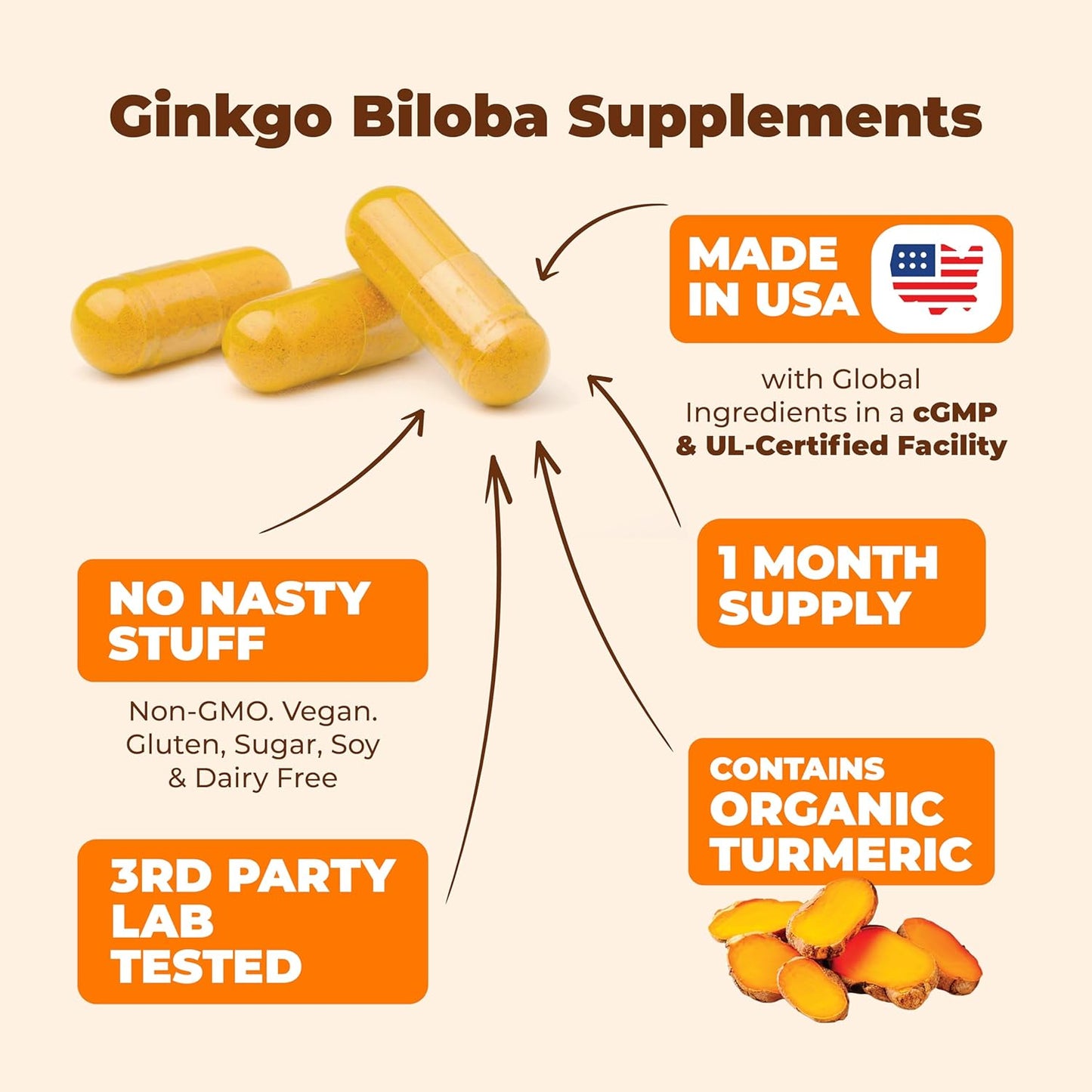 Organic Turmeric Curcumin with Black Pepper & Ginkgo Biloba - Joint Health, Brain Clarity, Memory, Focus, Concentration - Vegan (2 Pack)